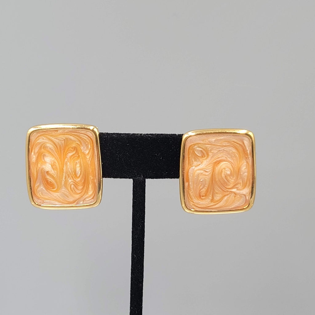 Vintage Monet Clip on Earrings Gold plated Rectangle Peach Swirl Enamel Drop 1"