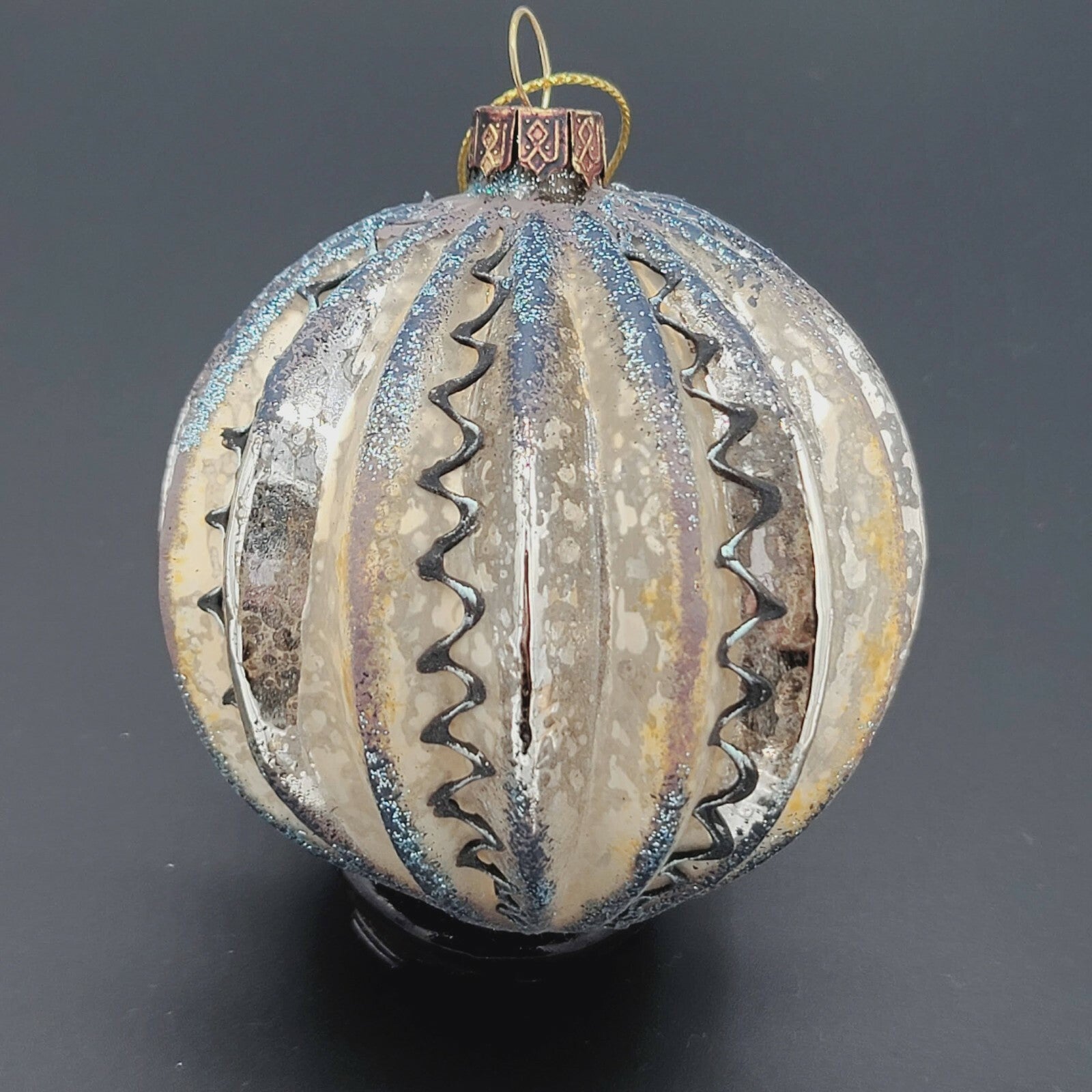 Vintage Blown Glass Silver Hand Painted Ribbed Ball Christmas Ornament 3"