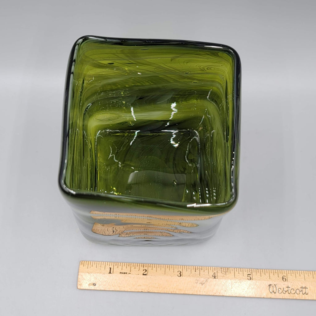 Green White Art Slag Glass Vase Rectangle Square 5 in x 4 in