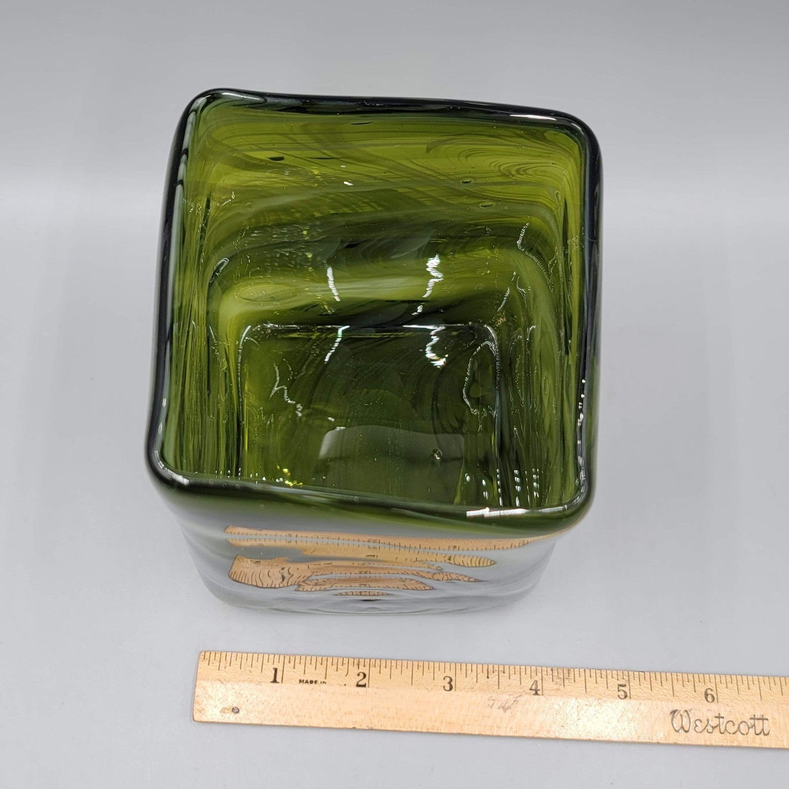 Green White Art Slag Glass Vase Rectangle Square 5 in x 4 in