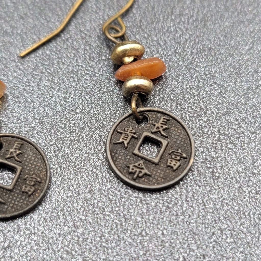 Pierced Earrings Beaded Asian Coin Dangle 1"