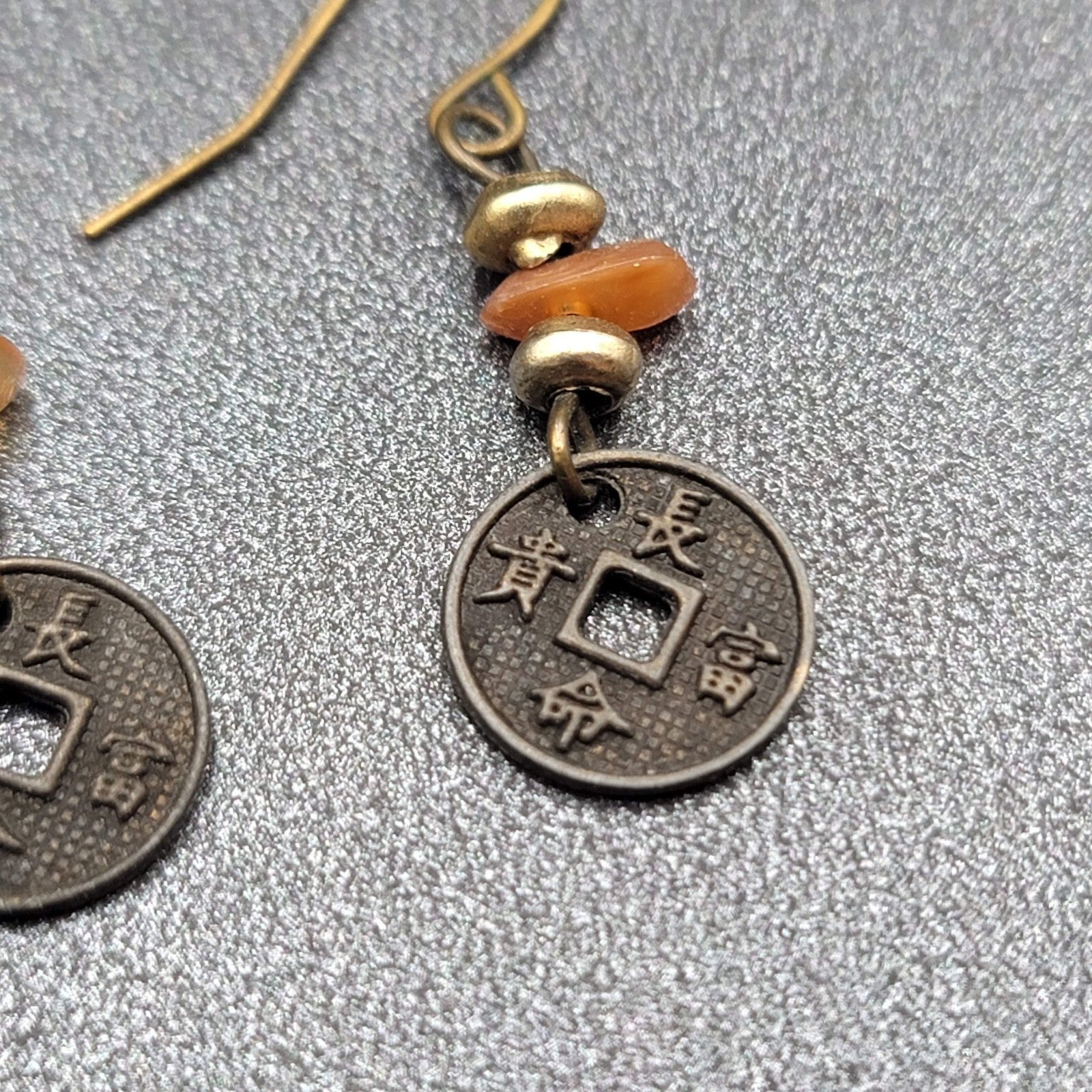 Pierced Earrings Beaded Asian Coin Dangle 1"