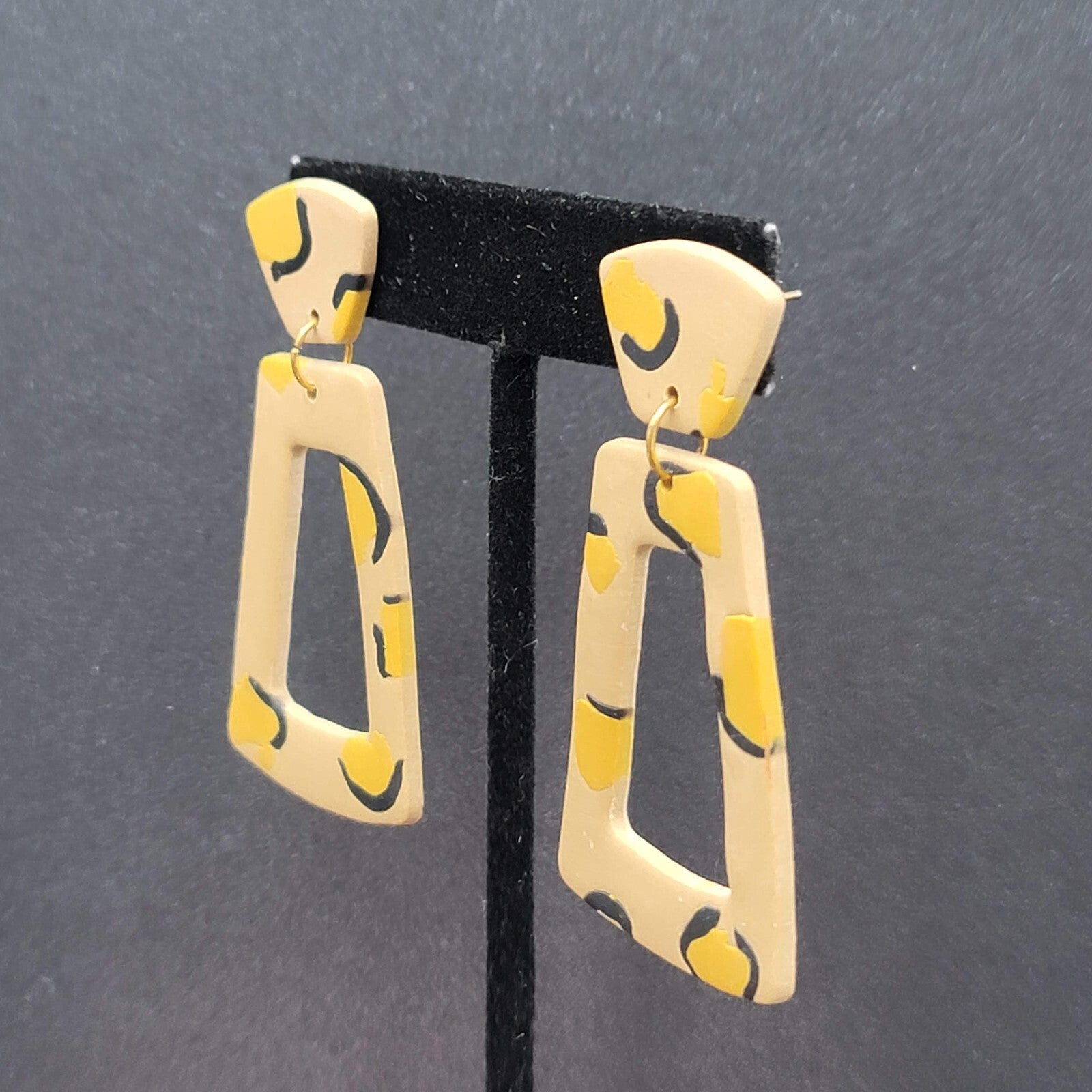 Pierced Earrings Beige Polymer Clay Yellow Black Statement Dangle 2 3/8"