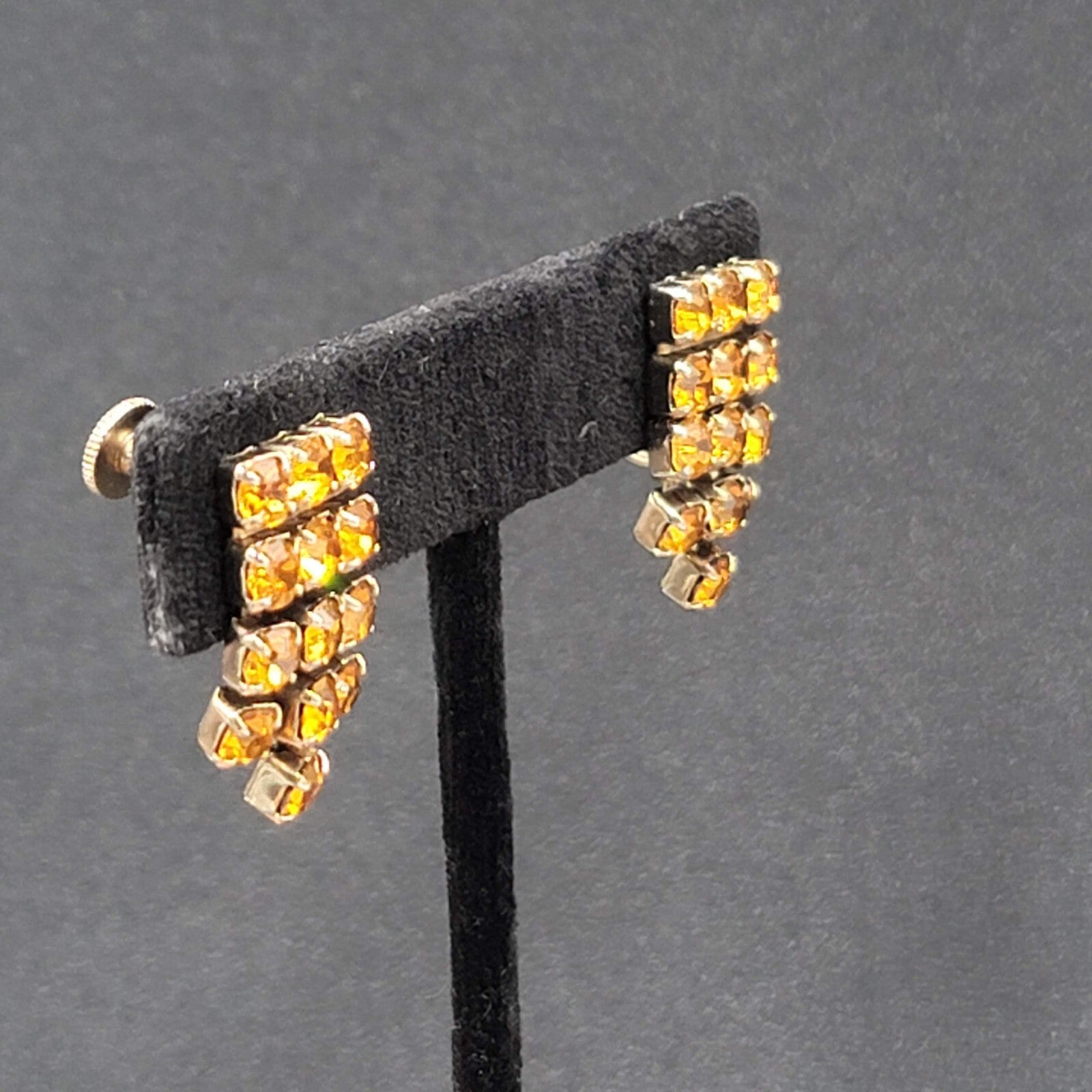Vintage Clip on Earrings Gold tone Amber Orange Rhinestone Screw Back 1"