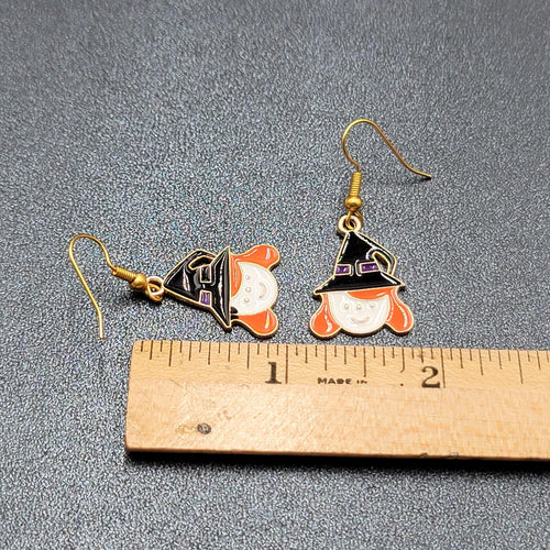 Cute Witch Halloween Pierced Earrings Gold tone Enamel Dangle 1"