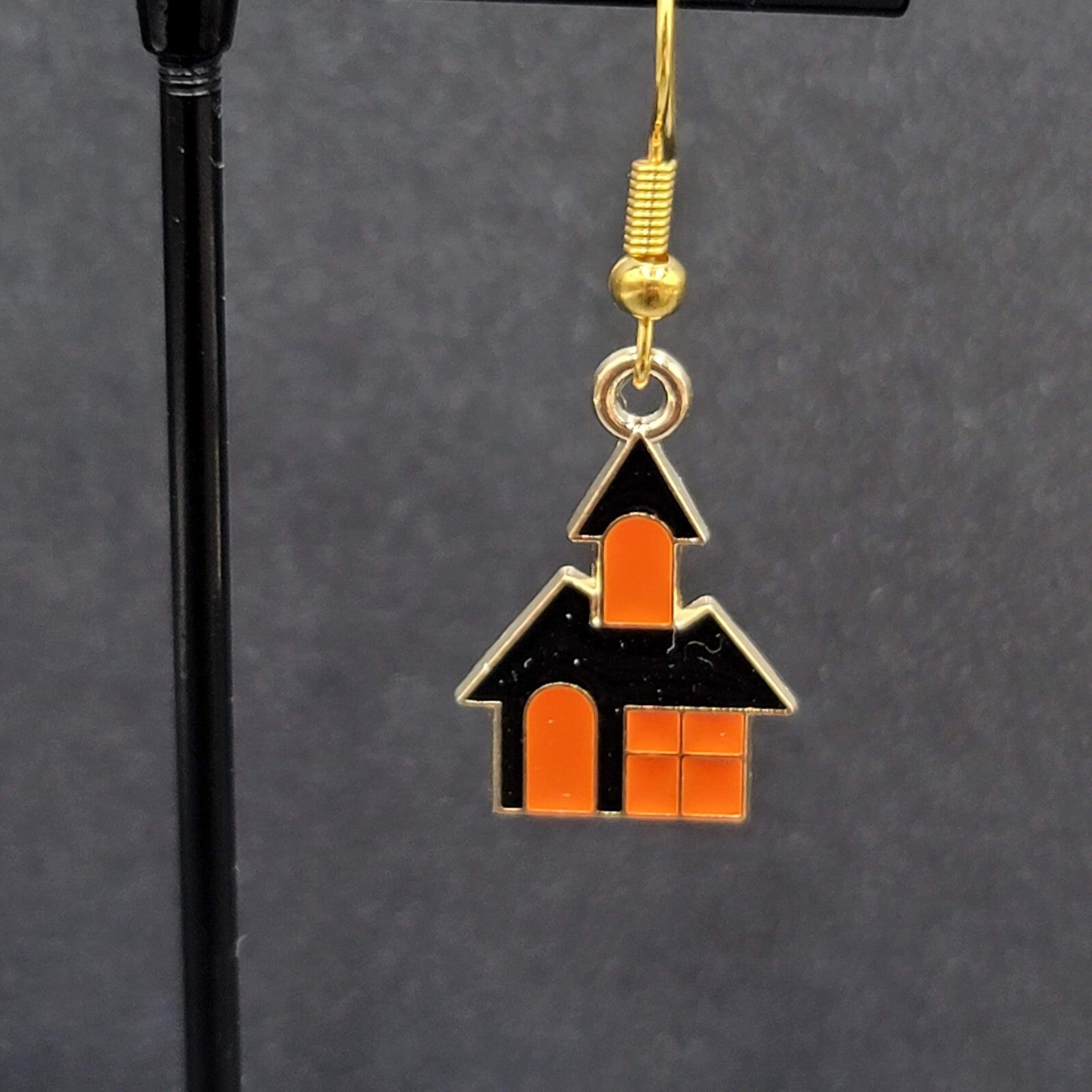 New Halloween House Pierced Earrings Purple Orange Enamel Gold tone Dangle 7/8"