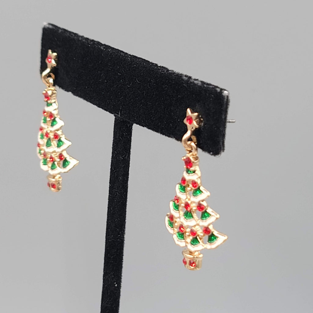 Christmas Tree Pierced Earrings Gold tone Dangle 1.25 in