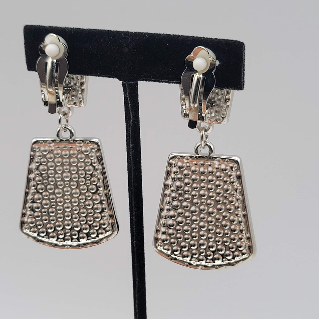 Vtg Hammered Silver Plated Clip on Earrings Statement Door Knocker Dangle 2.5 in