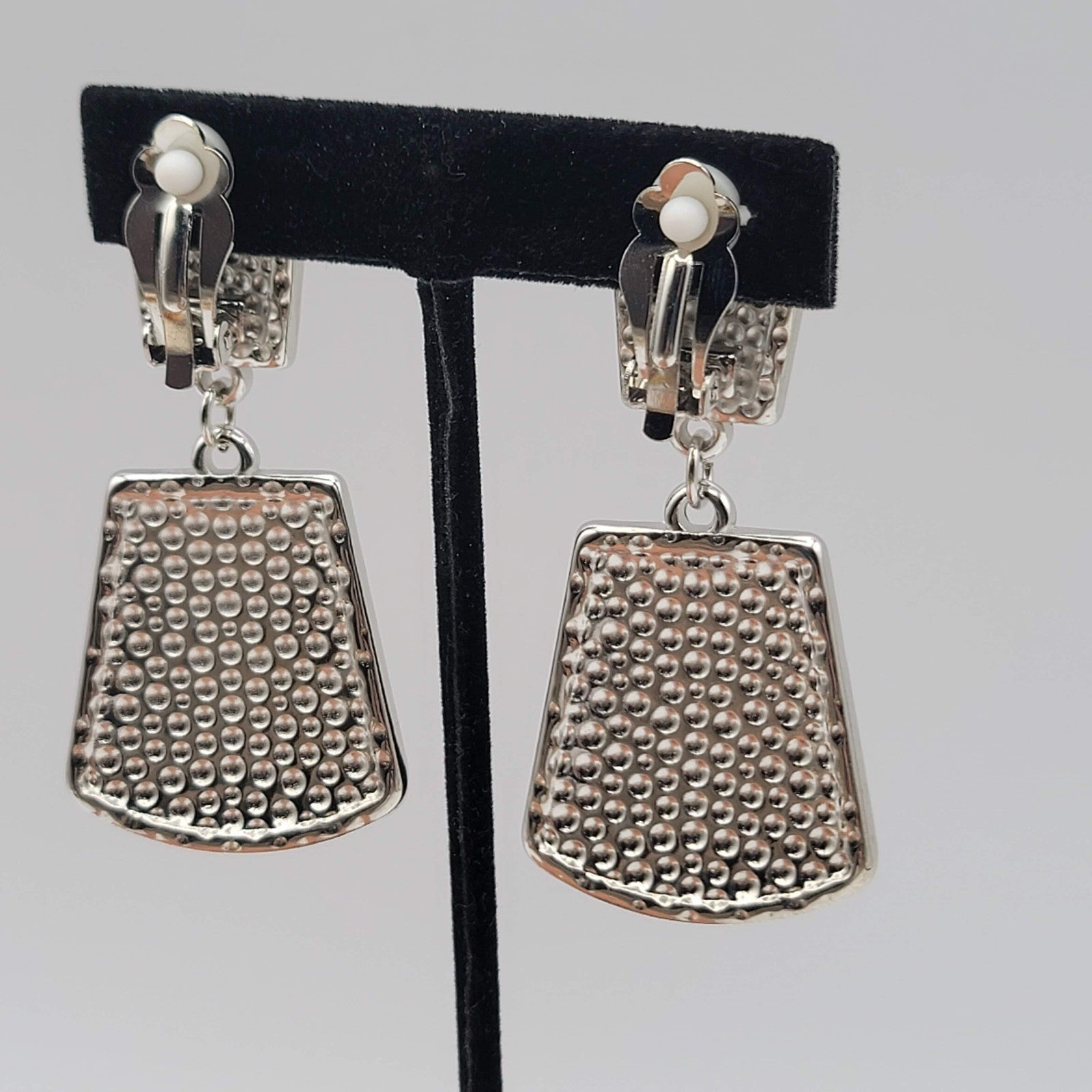 Vtg Hammered Silver Plated Clip on Earrings Statement Door Knocker Dangle 2.5 in