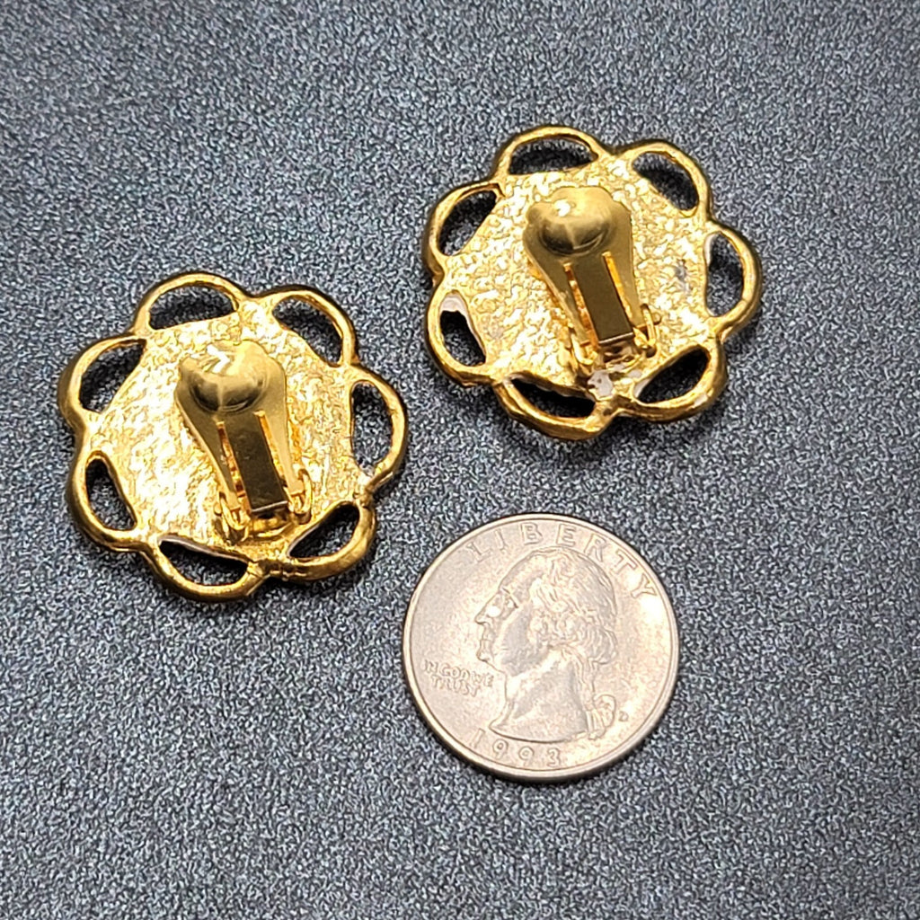 Vintage Clip on Earrings Gold tone White Pink Black Enamel Drop 1 1/8"
