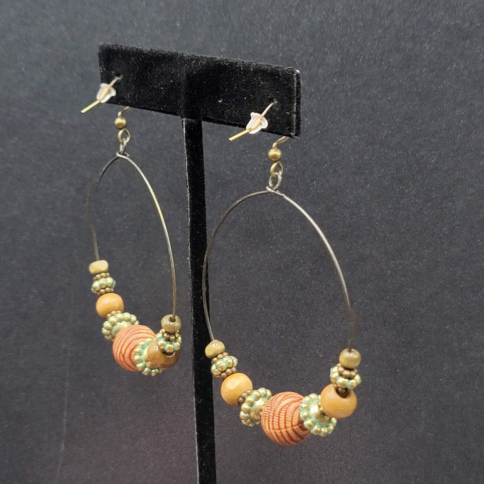 New Boho Pierced Earrings Gold tone Green Accent Wood Beaded Hoops 2"