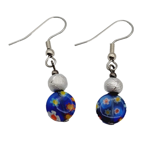 Blue Millifiori Bead Pierced Earrings Silver tone Dangle 3/4 in
