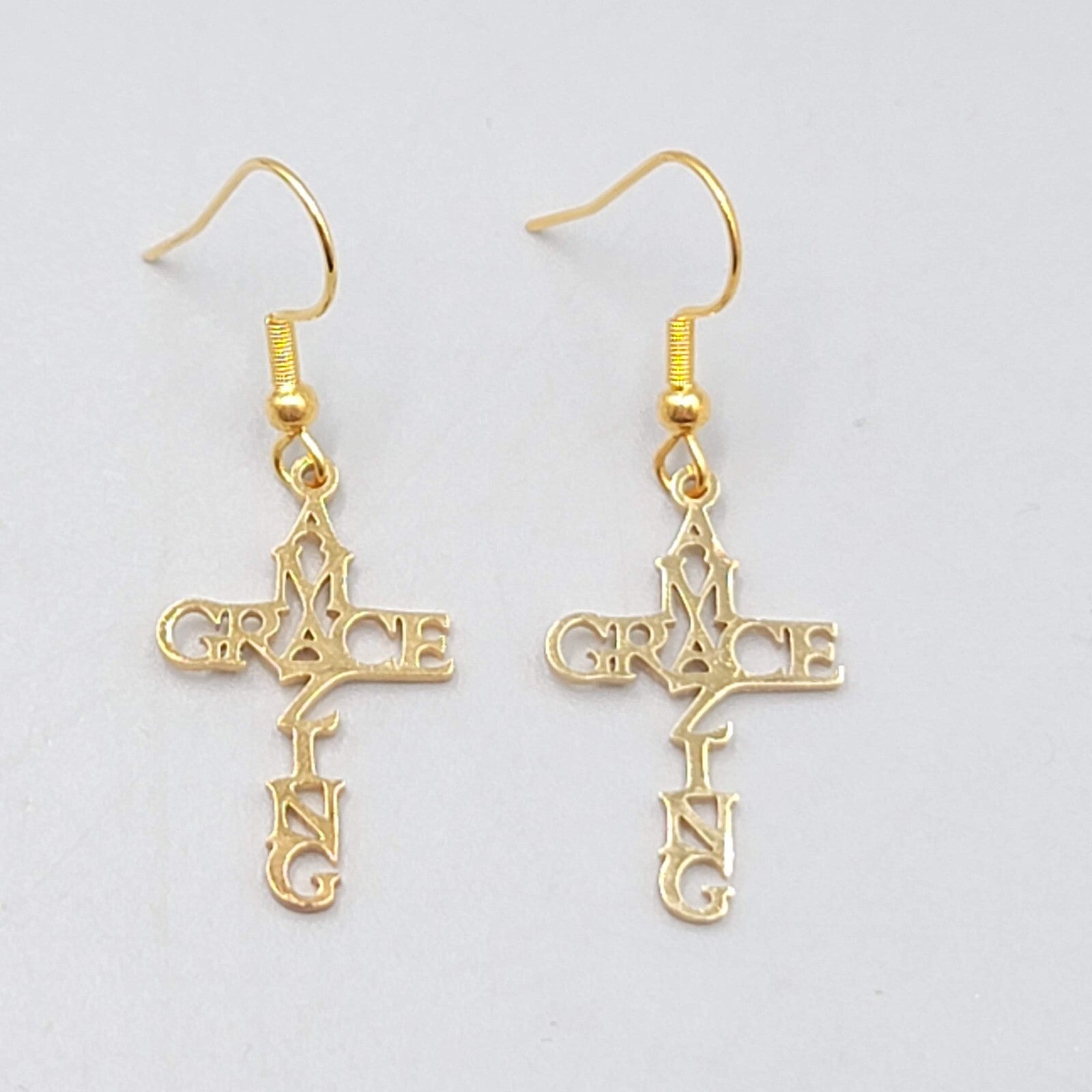 Amazing Grace Cross Pierced Earrings Gold tone Dangle 1"