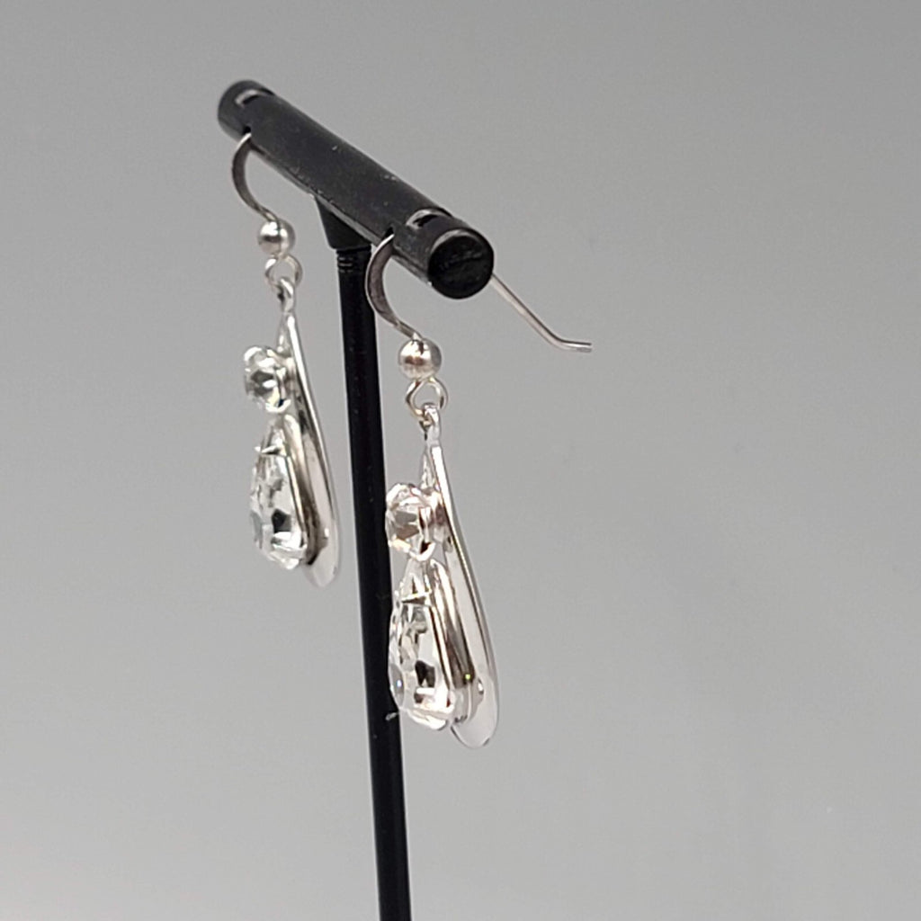 Dangle Crystal Pierced Earrings Silver tone Teardrop Sterling Hooks 1 1/8"