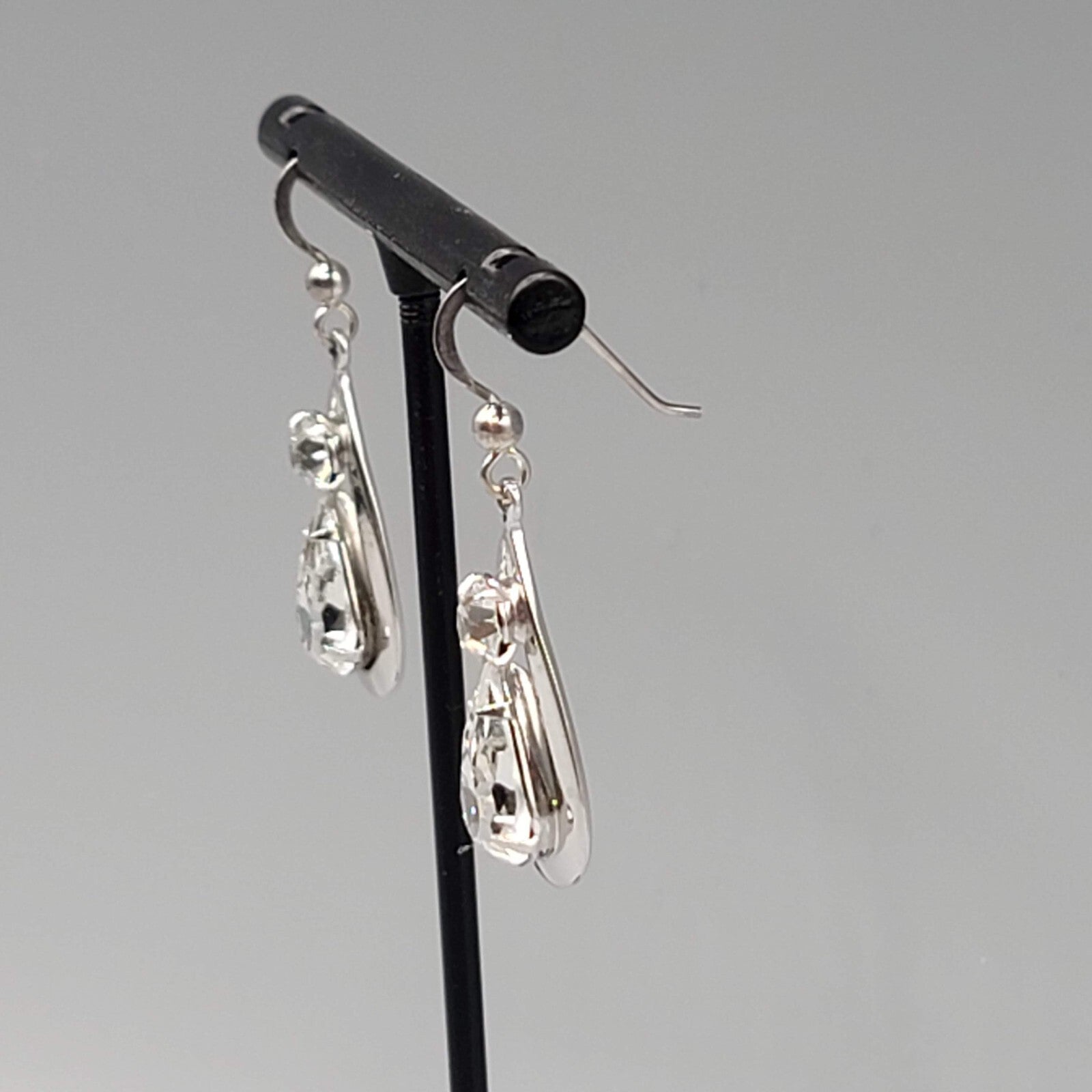 Dangle Crystal Pierced Earrings Silver tone Teardrop Sterling Hooks 1 1/8"
