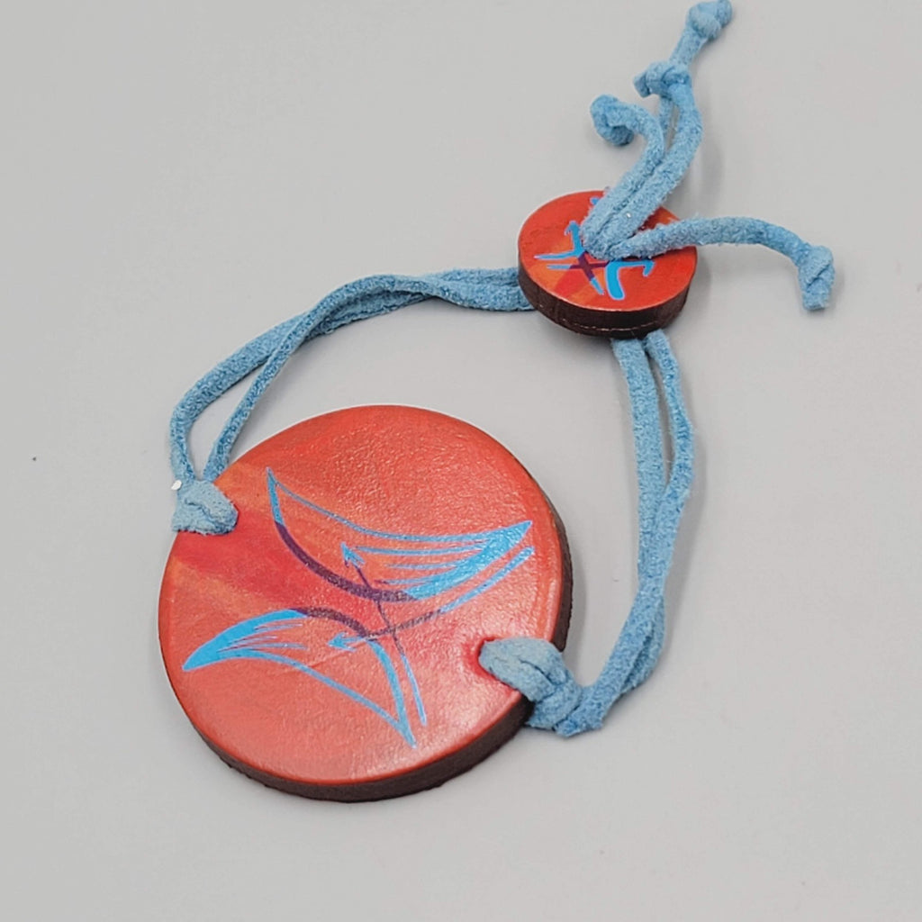 Signed Artisan Bracelet Hand Painted Wood Blue Suede Adj Cord 7"
