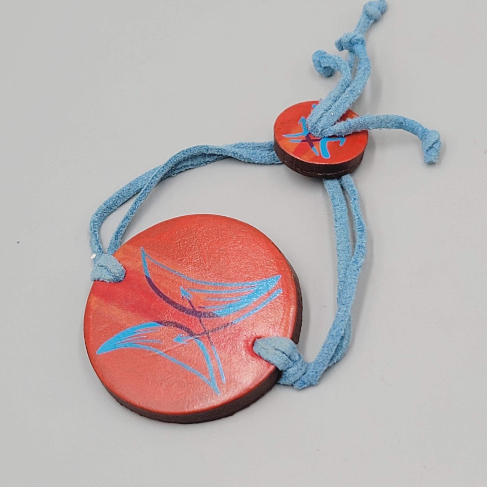 Signed Artisan Bracelet Hand Painted Wood Blue Suede Adj Cord 7"