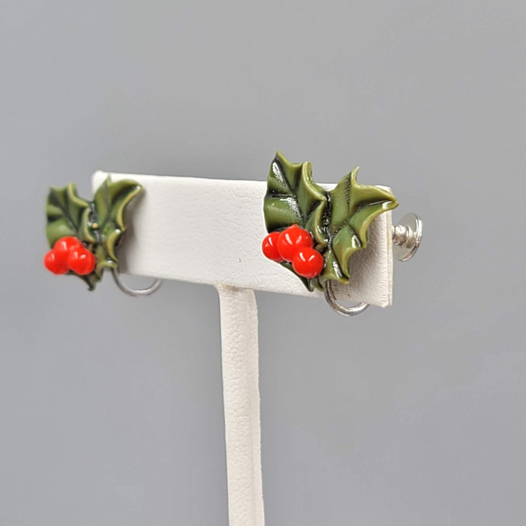 Vintage Mistletoe Clip on Earrings Leaves Berries Screw Back 1/2"