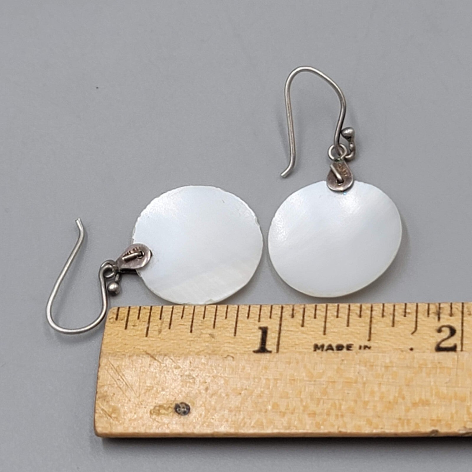 Sterling Silver Pierced Earrings Round Mother of Pearl Dangle 7/8"