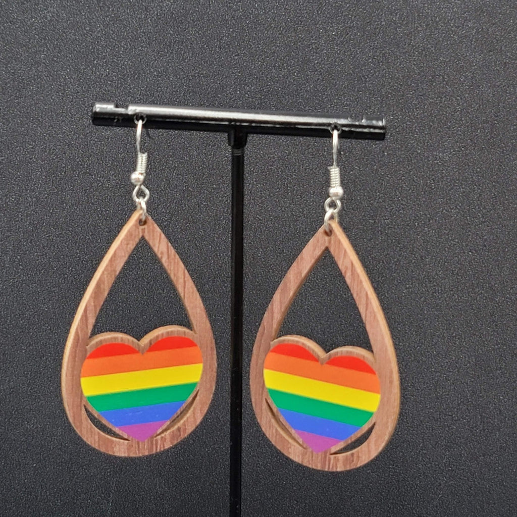 New PRIDE HEART Pierced Earrings Rainbow Wood Teardrop Dangle 2.25"