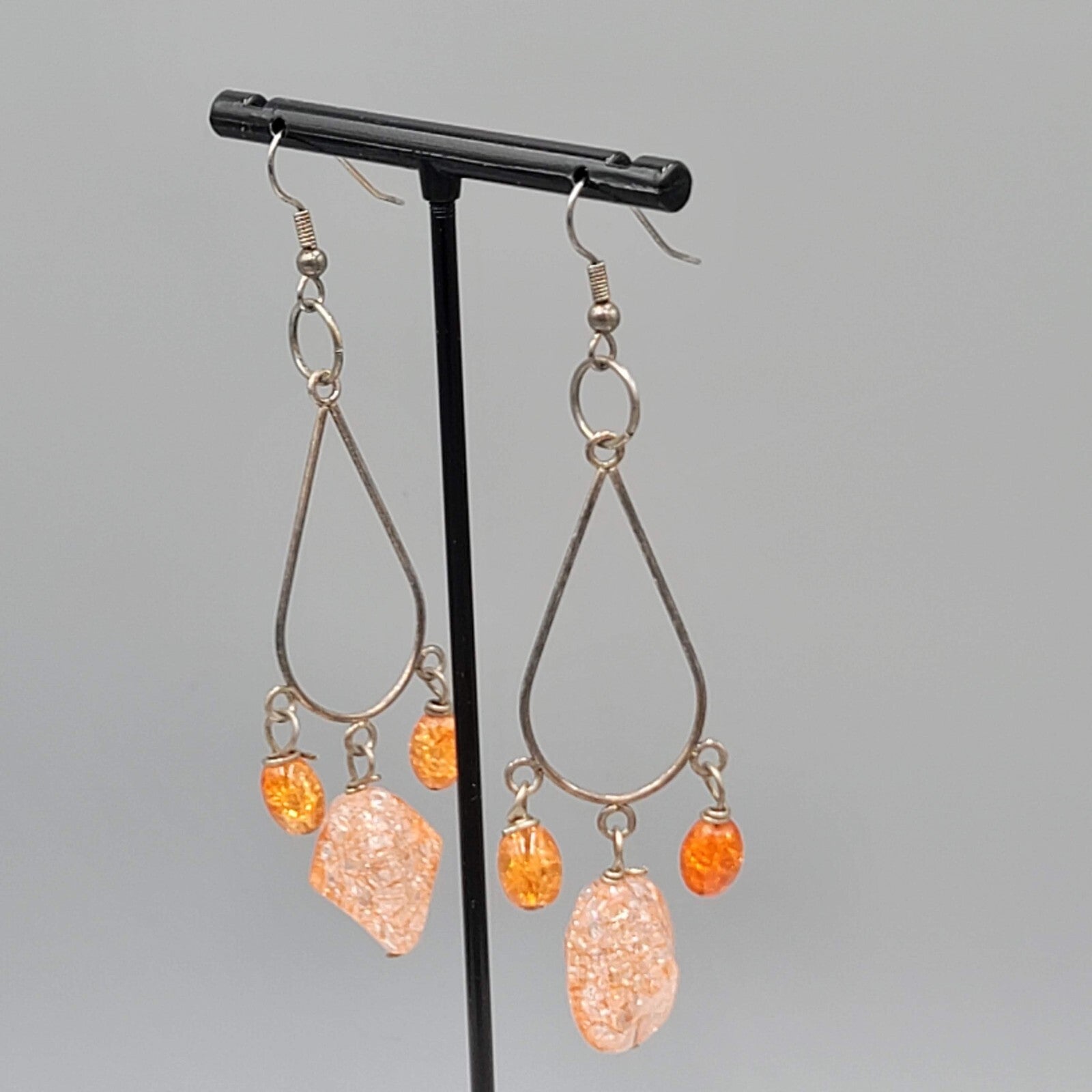 Confetti Orange Bead Pierced Earrings Silver tone Dangle 2.75"