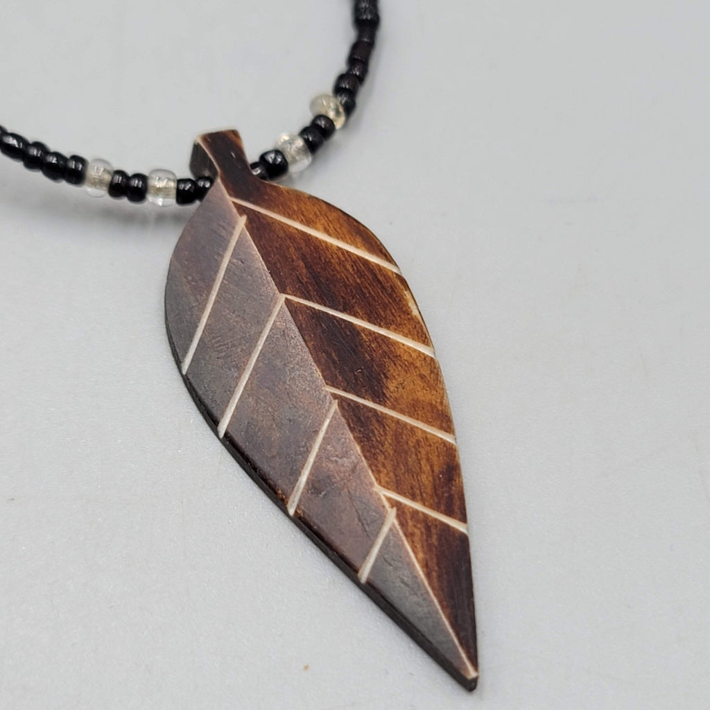 Hand Carved Leaf Pendant Necklace Black Seed Bead 16"