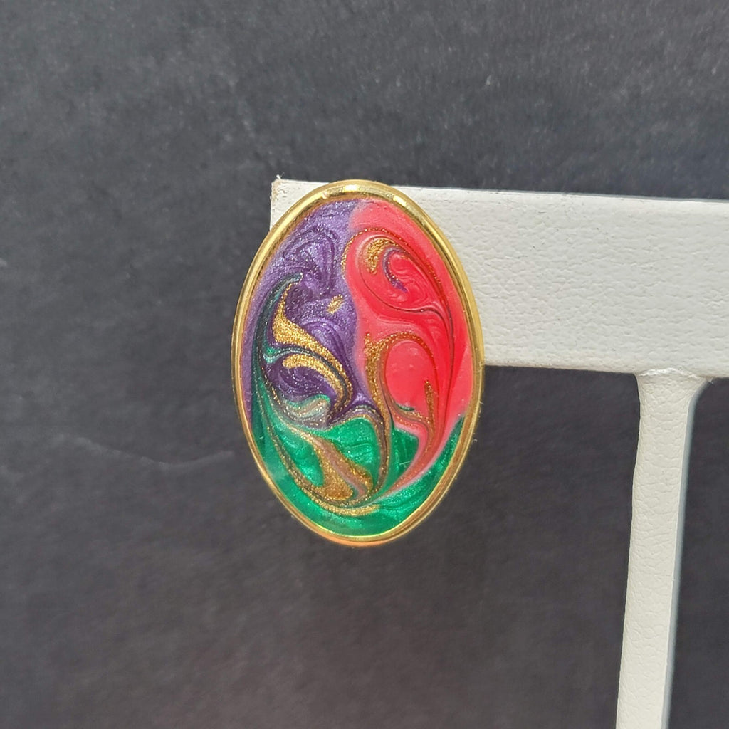 Vintage Pierced Earrings Green Purple Pink Swirl Enamel Oval Drop 1 1/8"