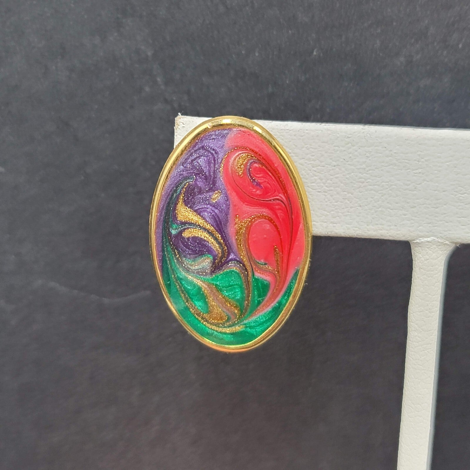Vintage Pierced Earrings Green Purple Pink Swirl Enamel Oval Drop 1 1/8"
