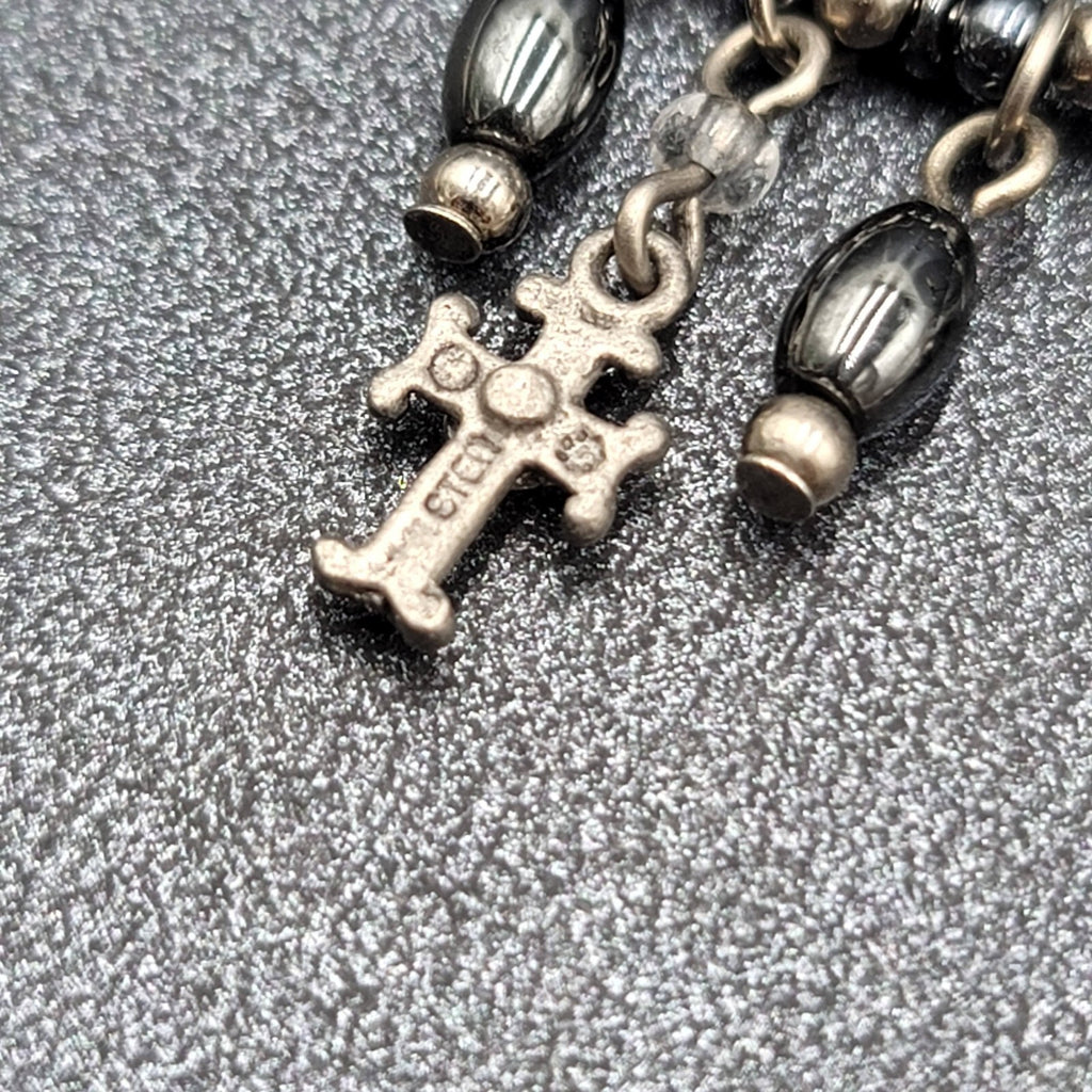 Pierced Earrings Silver tone Black Hematite AB Cross Chandelier Beads 1.75"