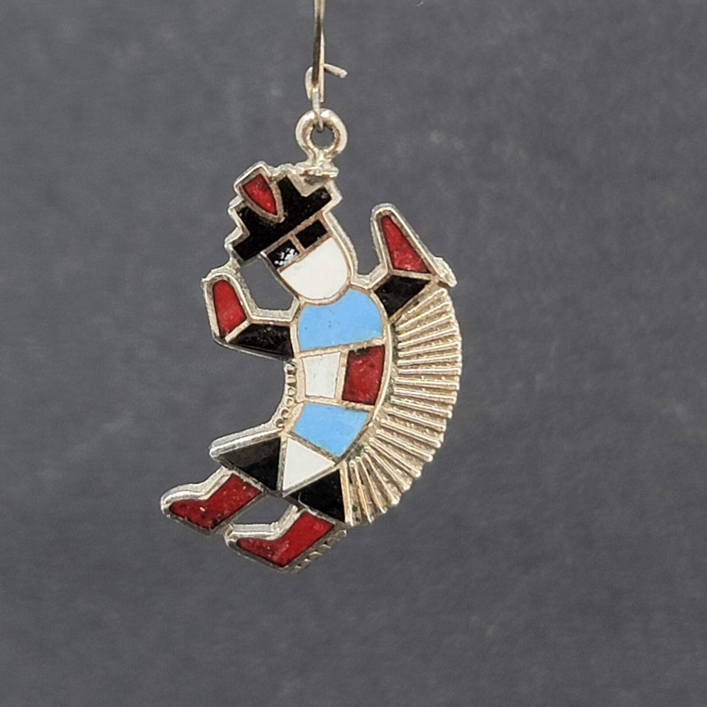 Pierced Earrings  Silver tone Southwestern Dancing Kachina Enamel 1.25"