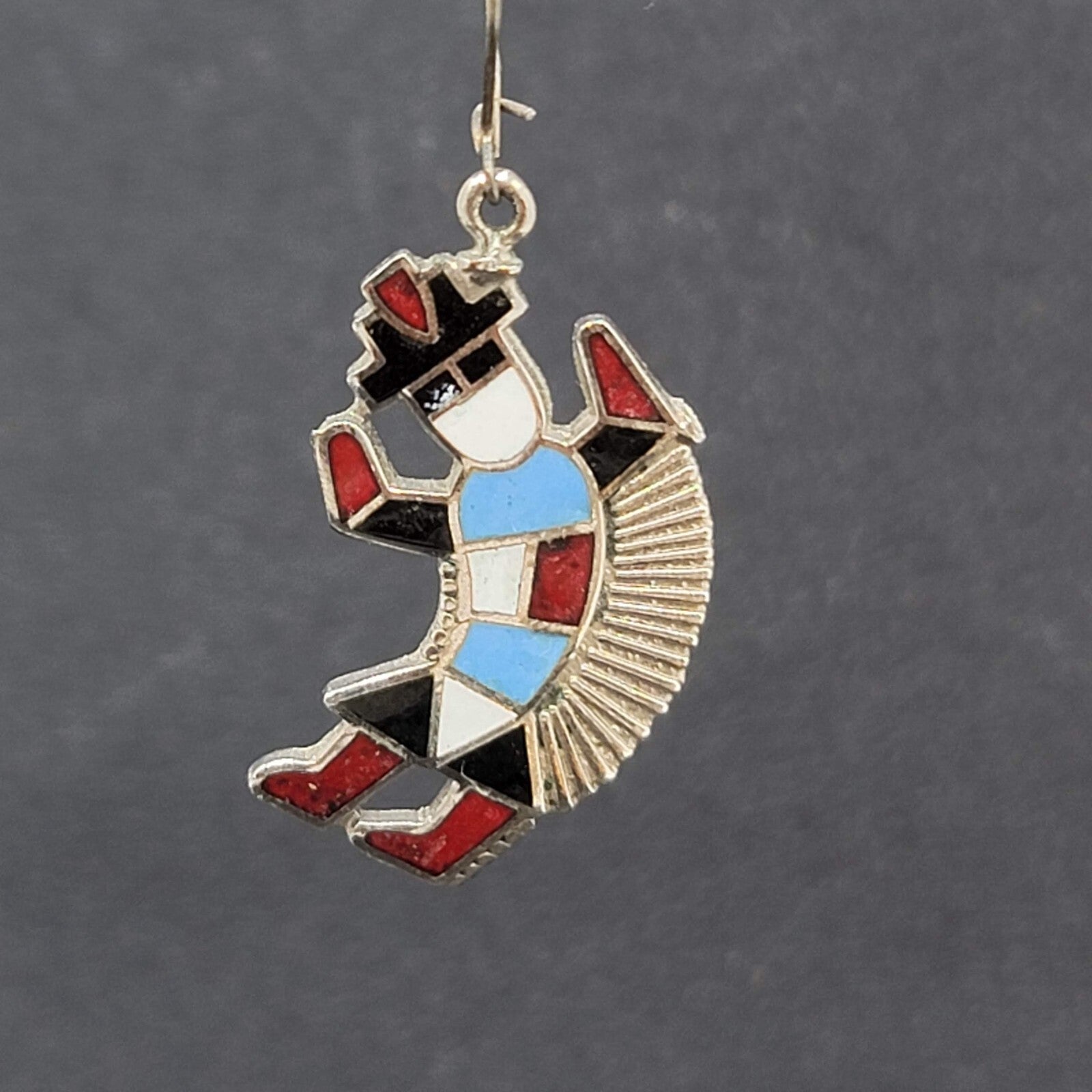 Pierced Earrings  Silver tone Southwestern Dancing Kachina Enamel 1.25"