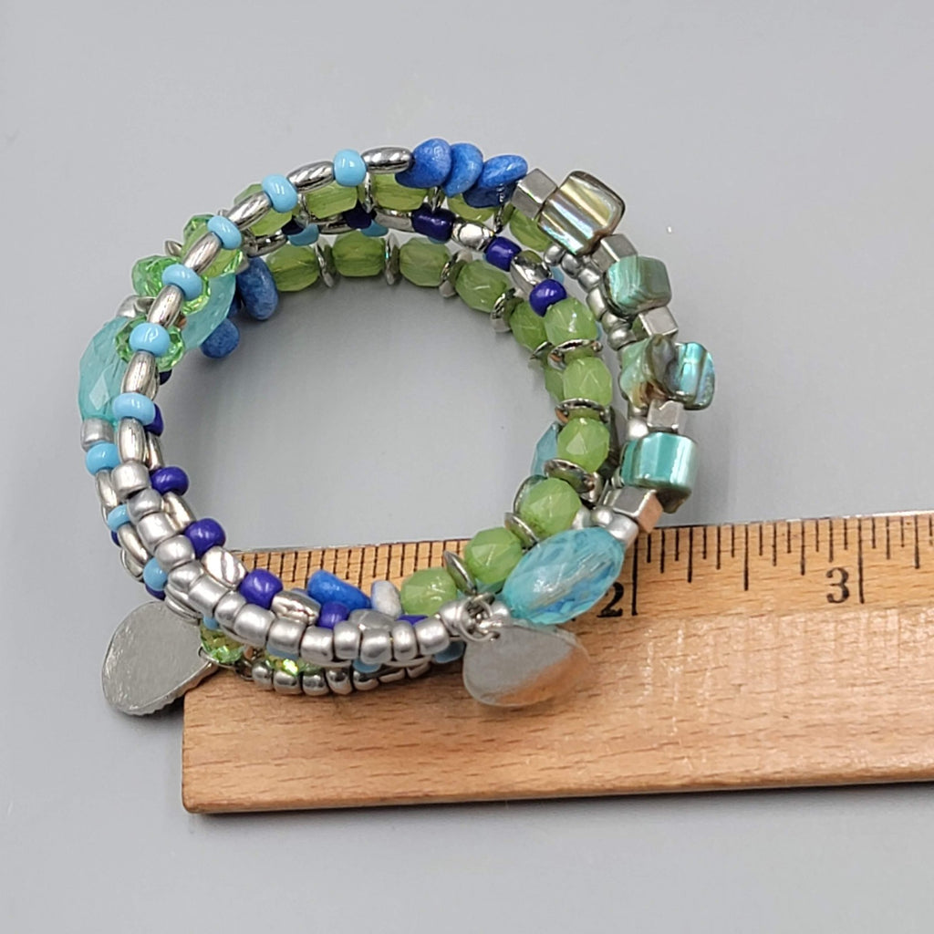 Green Blue Bead Wrap Bracelet Silver tone Memory Wire Shell Stone