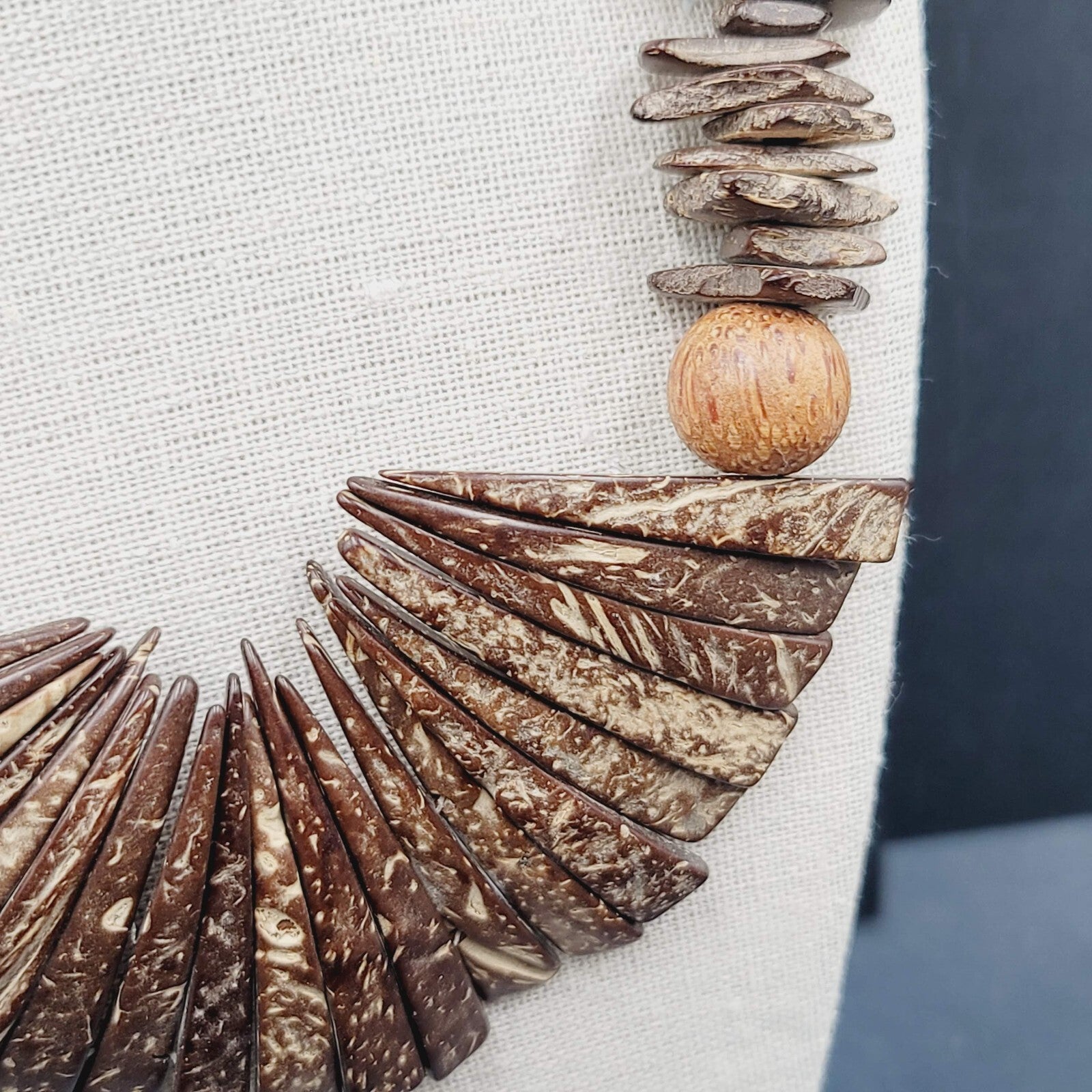 Vintage Coir Coconut Beads Necklace Brown Boho Ethnic Statement 19"