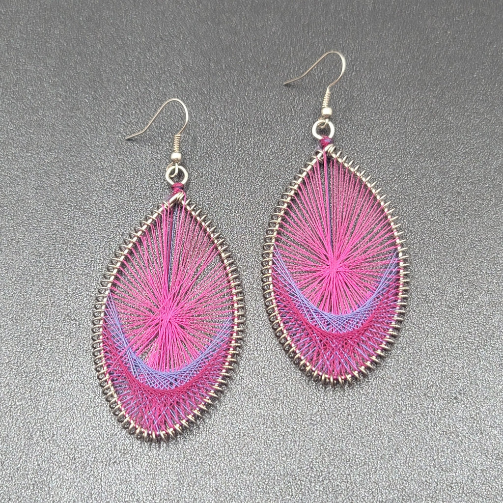 Pierced Earrings Silver tone Pink Purple String Art Dangle 2.5"