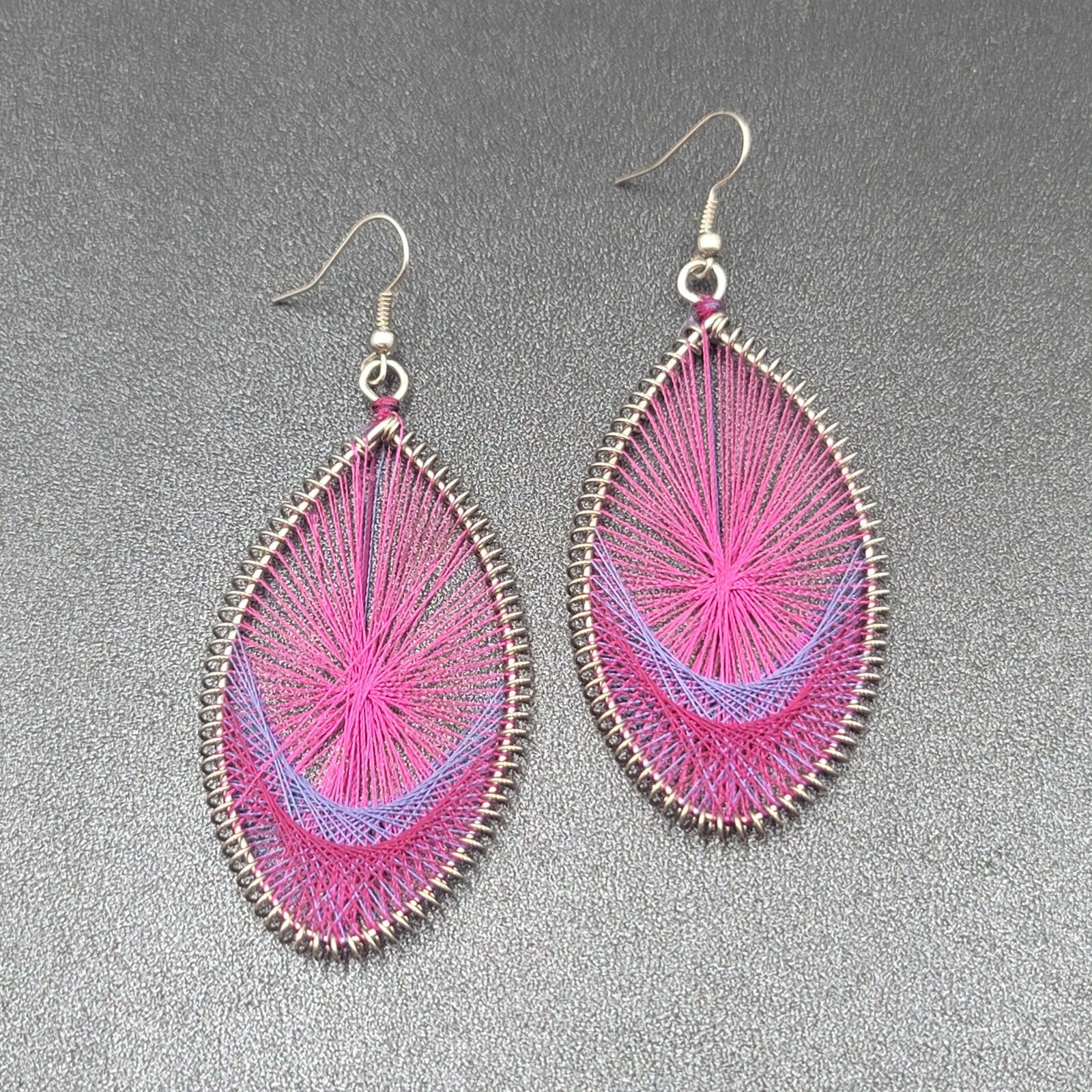 Pierced Earrings Silver tone Pink Purple String Art Dangle 2.5"