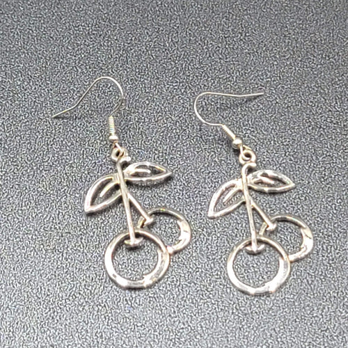 Cherry Pierced Earrings Cherries Silver tone Dangle 1 3/8"