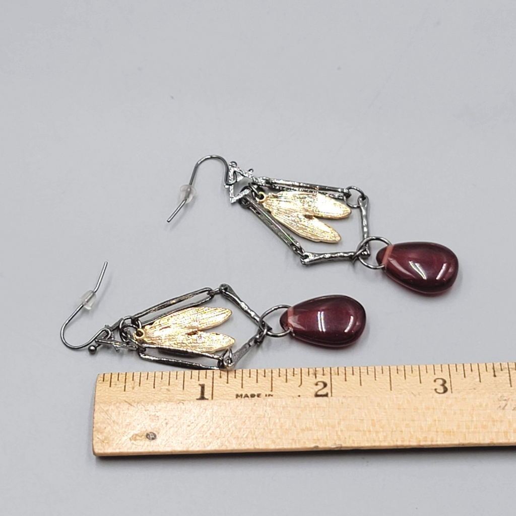 Fly Bug Black Metal Red Bead Pierced Earrings Long Dangle 2.5"