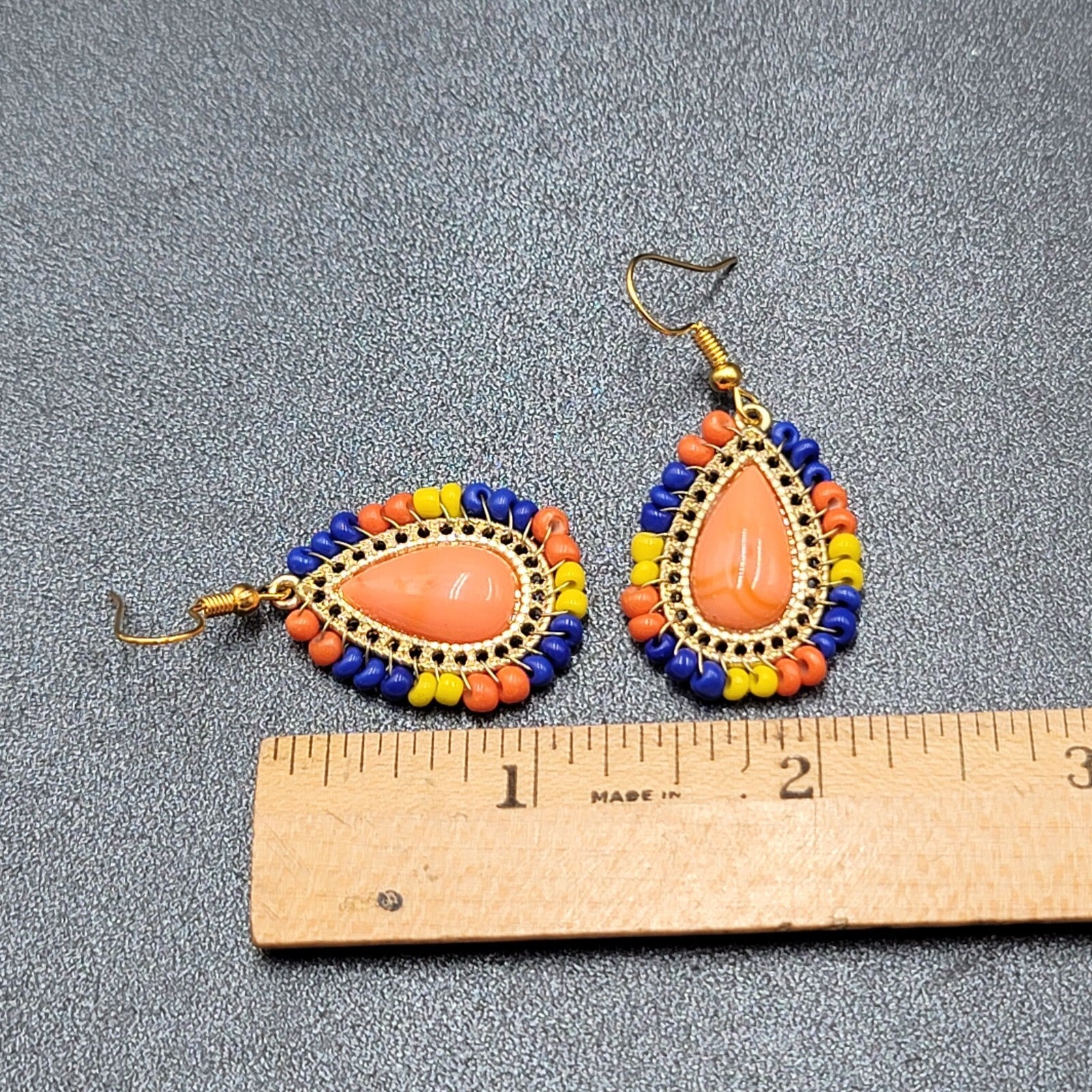 Pierced Earrings Gold tone Orange Teardrop Multicolor Beads 1 1/8"