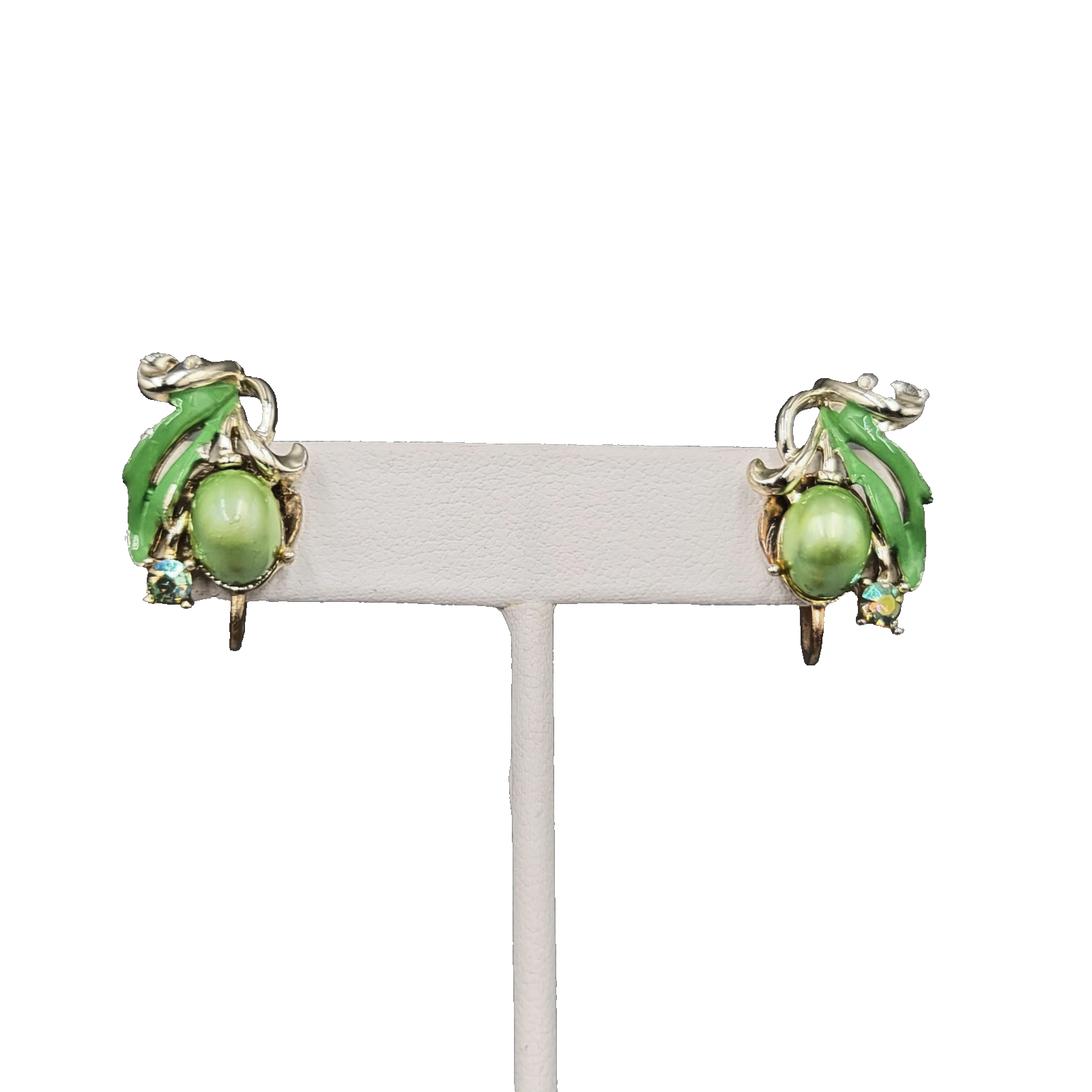 Vintage Faux Green Pearl Rhinestone Clip on Earrings Gold tone Screw Back 7/8"