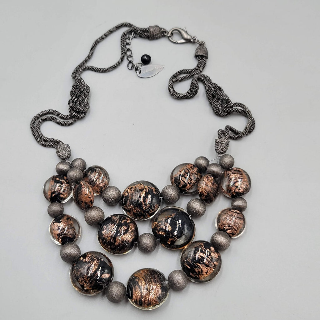 Chicos Necklace Gunmetal Gray Mesh Brown Dichroic Glass Beads 18"
