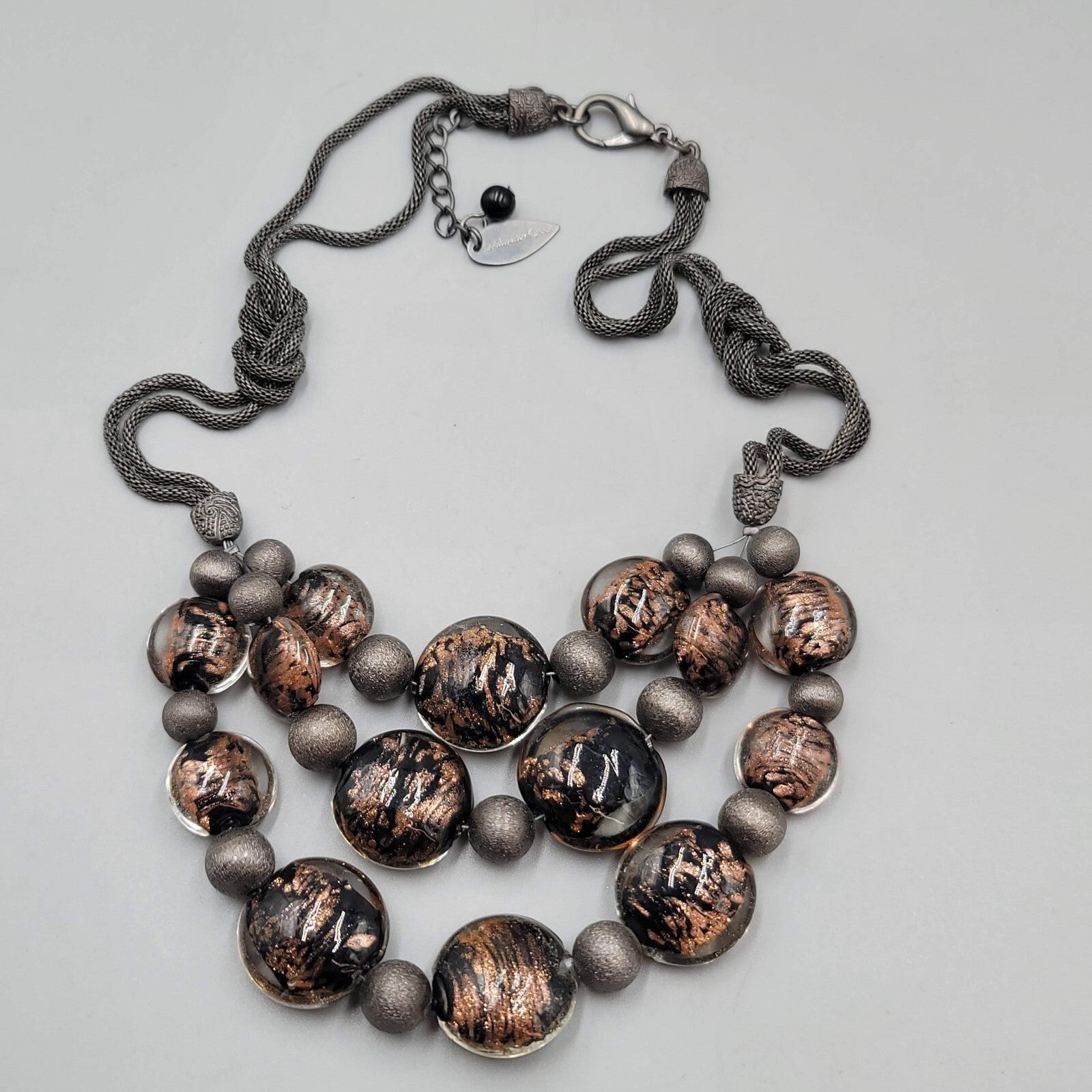 Chicos Necklace Gunmetal Gray Mesh Brown Dichroic Glass Beads 18"