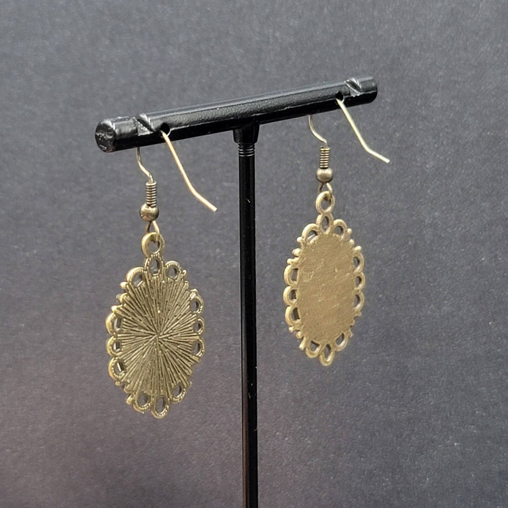 Lions Pierced Earrings Bronze tone Glass Cabochon Dangle 1.25"