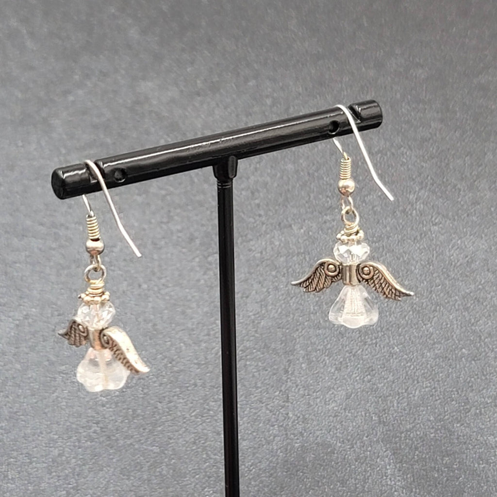 Angel Pierced Earrings Silver tone Glass Beaded Dangle 7/8"