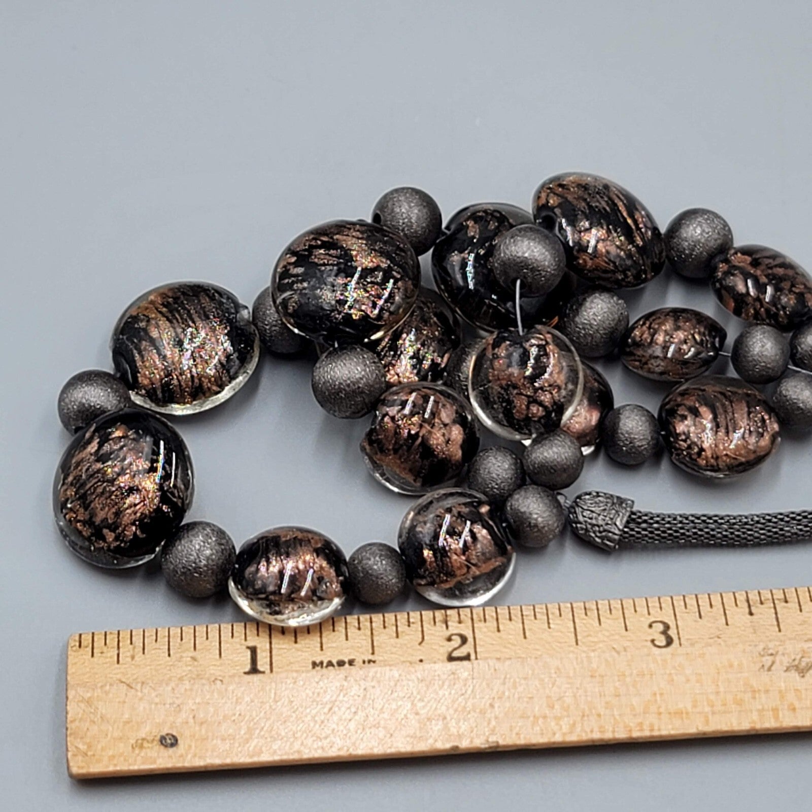 Chicos Necklace Gunmetal Gray Mesh Brown Dichroic Glass Beads 18"