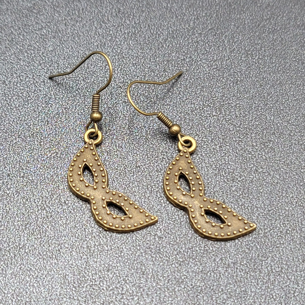 Masquerade Mask Pierced Earrings Bronze tone Metal Embossed Dots Dangle  1"