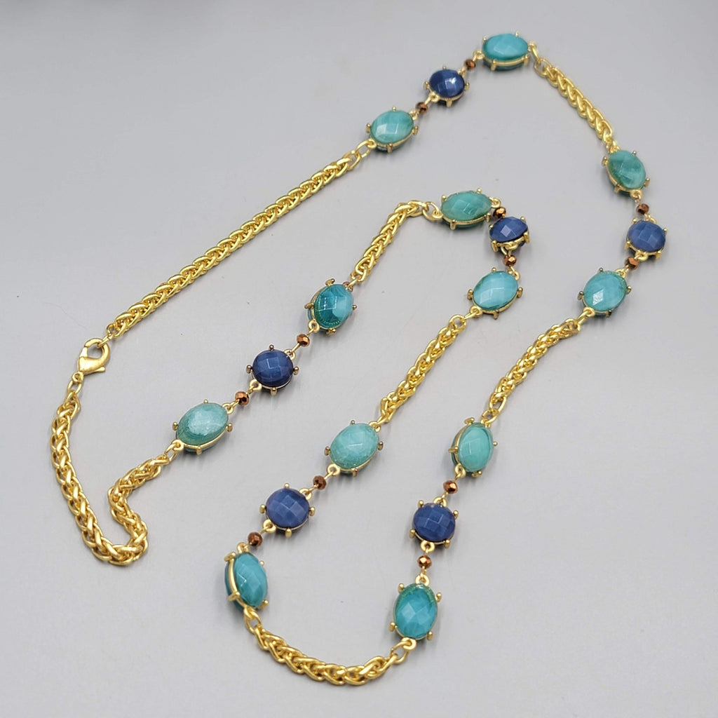 Necklace Bright Gold tone Blue Bead Long 36"