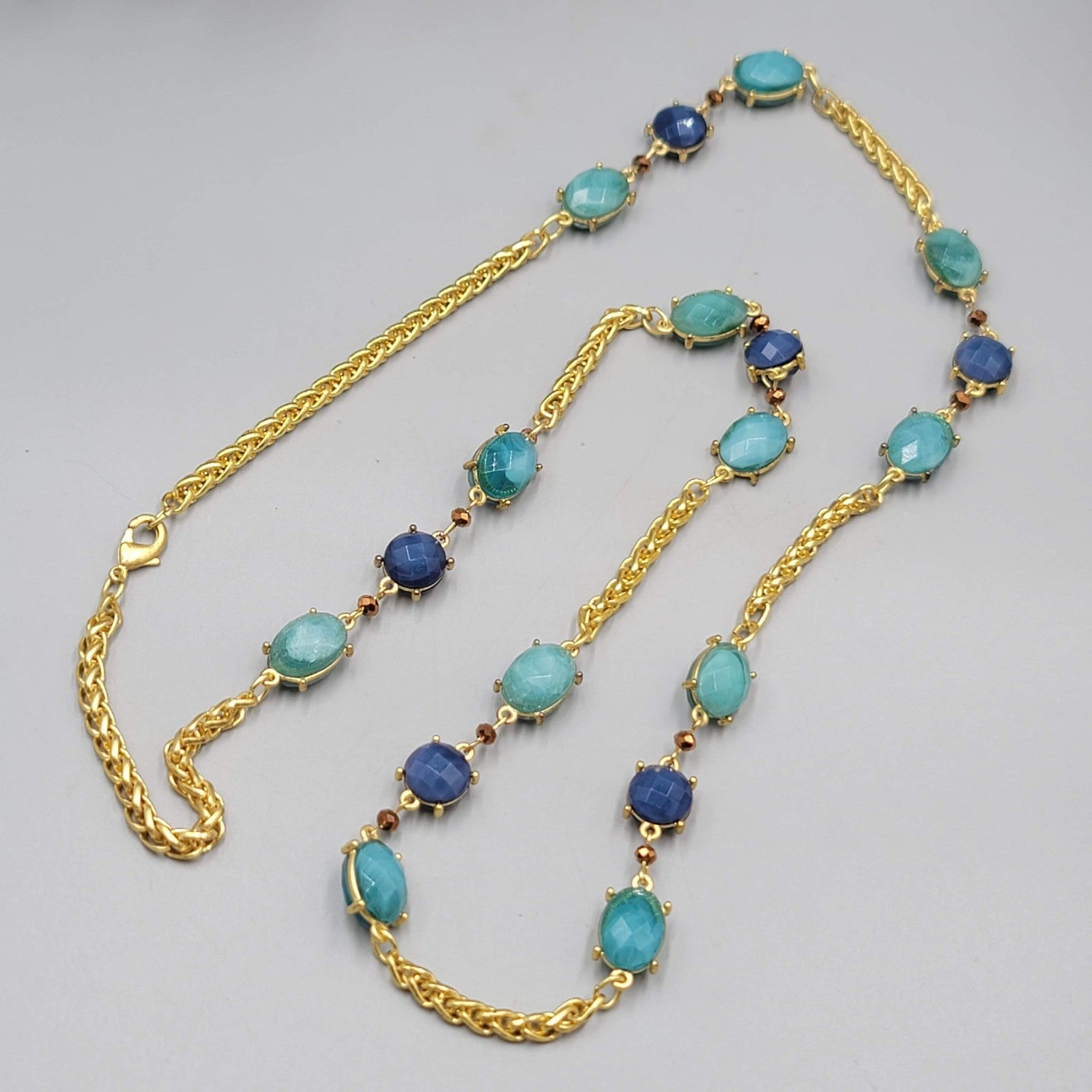 Necklace Bright Gold tone Blue Bead Long 36"