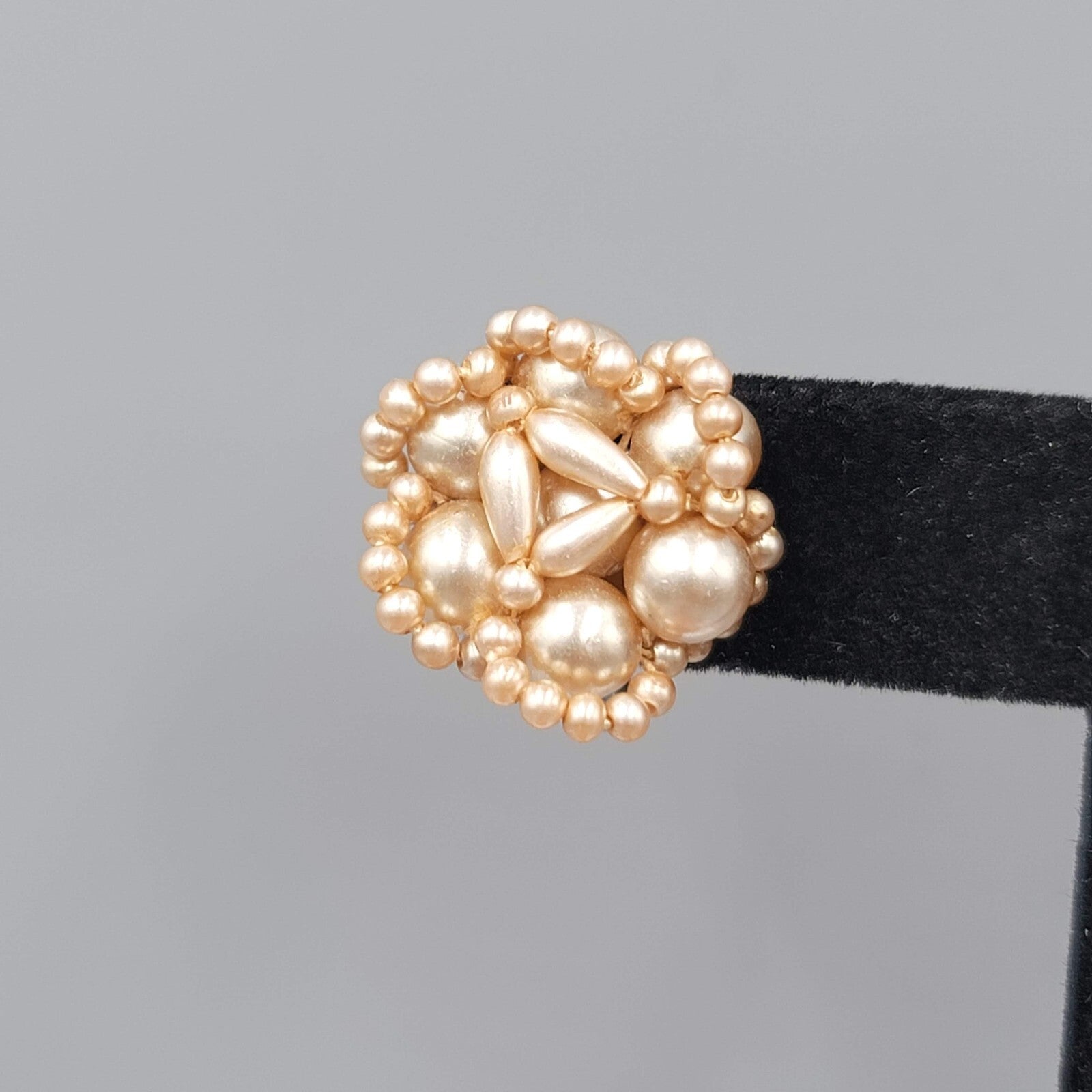Vintage Clip on Earrings Champagne Color Beads Knot Cluster Design Stud 3/4"