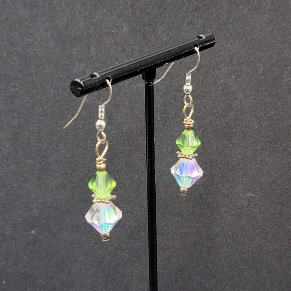 Pierced Earrings Silver toneGreen AB Bicone Christal Beads Dangle  1 1/8"