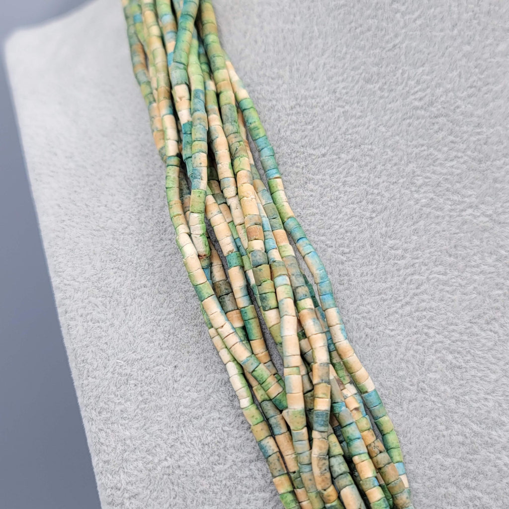 Multistrand Green Tan Bead Necklace Coconut Button Closure Adj 18"-20"